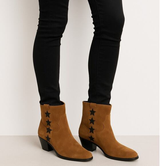 Saint Laurent YSL Rock Star Suede Ankle Boots 38 US 8 Tan Western Star Black - Picture 1 of 16
